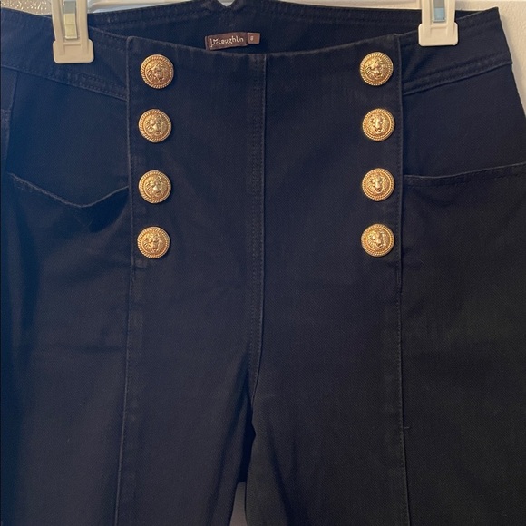 J. McLaughlin Size 8 Hastings Black Cotton Denim Sailor Jeans Gold Snap Buttons - Picture 3 of 6